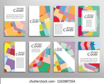 Set of A4 cover, abstract composition. Colorful header design for flyer, book, info banner frame, title sheet. Colored geometric shapes. Modern design. Brochure template layout. Vector mockup isolated