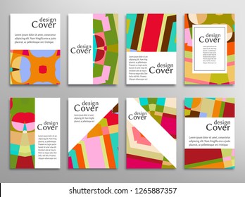 Set of A4 cover, abstract composition. Colorful header design for flyer, book, info banner frame, title sheet. Colored geometric shapes. Modern design. Brochure template layout. Vector mockup isolated