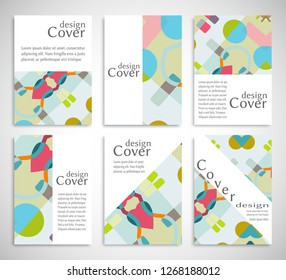 Set of A4 cover, abstract composition. Colorful header design for flyer, book, info banner frame, title sheet. Colored geometric shapes. Modern design. Brochure template layout. Vector illustration