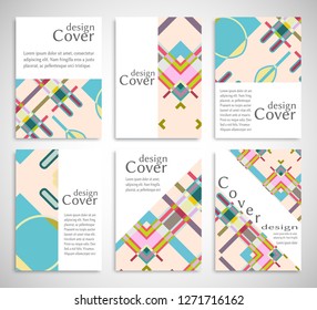 Set of A4 cover, abstract composition. Colorful header design for flyer, book, info banner frame, title sheet. Colored geometric shapes. Modern design. Brochure template layout. Vector illustration