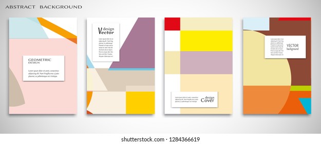 Set of A4 cover, abstract composition. Colorful header design for flyer, book, info banner frame, title sheet. Colored geometric shapes. Modern design. Brochure template layout. Vector illustration