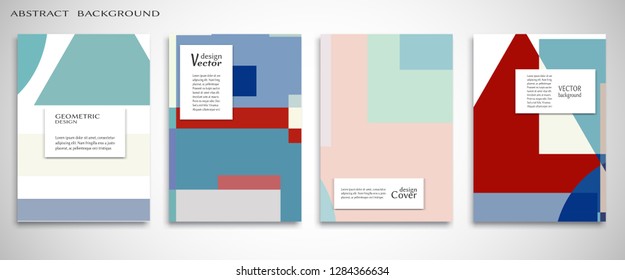 Set of A4 cover, abstract composition. Colorful header design for flyer, book, info banner frame, title sheet. Colored geometric shapes. Modern design. Brochure template layout. Vector illustration