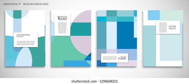 Set of A4 cover, abstract composition. Colorful header design for flyer, book, info banner frame, title sheet. Colored geometric shapes. Modern design. Brochure template layout. Vector illustration