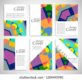 Set of A4 cover, abstract composition. Colorful header design for flyer, book, info banner frame, title sheet. Colored geometric shapes. Modern design. Brochure template layout. Vector illustration