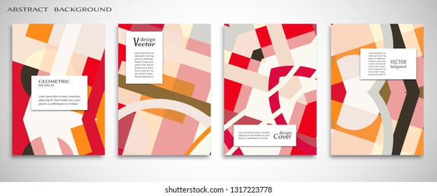 Set of A4 cover, abstract composition. Colorful header design for flyer, book, info banner frame, title sheet. Colored geometric shapes. Modern design. Brochure template layout. Vector illustration