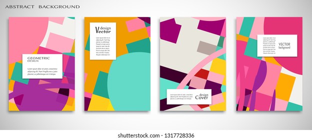 Set of A4 cover, abstract composition. Colorful header design for flyer, book, info banner frame, title sheet. Colored geometric shapes. Modern design. Brochure template layout. Vector illustration