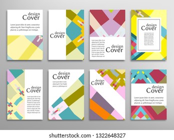 Set of A4 cover, abstract composition. Colorful header design for flyer, book, info banner frame, title sheet. Colored geometric shapes. Modern design. Brochure template layout. Vector illustration