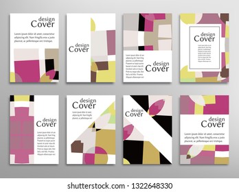 Set of A4 cover, abstract composition. Colorful header design for flyer, book, info banner frame, title sheet. Colored geometric shapes. Modern design. Brochure template layout. Vector illustration