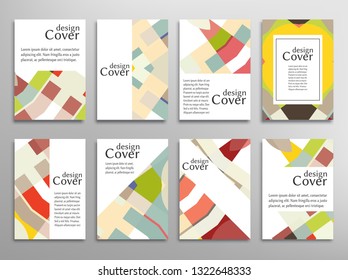 Set of A4 cover, abstract composition. Colorful header design for flyer, book, info banner frame, title sheet. Colored geometric shapes. Modern design. Brochure template layout. Vector illustration