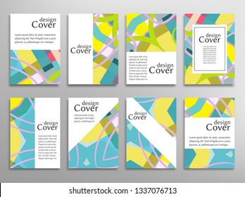 Set of A4 cover, abstract composition. Colorful header design for flyer, book, info banner frame, title sheet. Colored geometric shapes. Modern design. Brochure template layout. Vector illustration