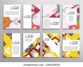 Set of A4 cover, abstract composition. Colorful header design for flyer, book, info banner frame, title sheet. Colored geometric shapes. Modern design. Brochure template layout. Vector illustration