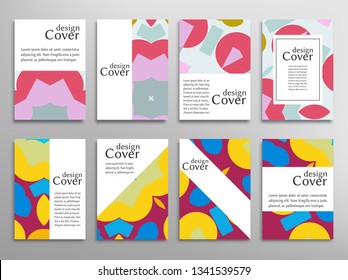 Set of A4 cover, abstract composition. Colorful header design for flyer, book, info banner frame, title sheet. Colored geometric shapes. Modern design. Brochure template layout. Vector illustration