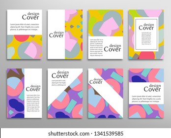 Set of A4 cover, abstract composition. Colorful header design for flyer, book, info banner frame, title sheet. Colored geometric shapes. Modern design. Brochure template layout. Vector illustration
