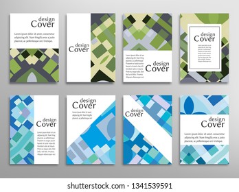 Set of A4 cover, abstract composition. Colorful header design for flyer, book, info banner frame, title sheet. Colored geometric shapes. Modern design. Brochure template layout. Vector illustration