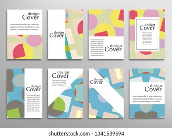 Set of A4 cover, abstract composition. Colorful header design for flyer, book, info banner frame, title sheet. Colored geometric shapes. Modern design. Brochure template layout. Vector illustration