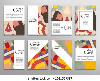 Set of A4 cover, abstract composition. Colorful header design for flyer, book, info banner frame, title sheet. Colored geometric shapes. Modern design. Brochure template layout. Vector illustration