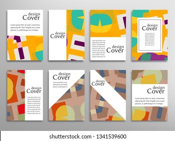 Set of A4 cover, abstract composition. Colorful header design for flyer, book, info banner frame, title sheet. Colored geometric shapes. Modern design. Brochure template layout. Vector illustration