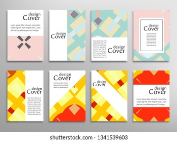 Set of A4 cover, abstract composition. Colorful header design for flyer, book, info banner frame, title sheet. Colored geometric shapes. Modern design. Brochure template layout. Vector illustration