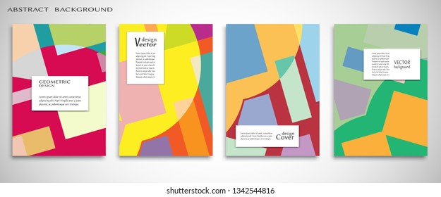 Set of A4 cover, abstract composition. Colorful header design for flyer, book, info banner frame, title sheet. Colored geometric shapes. Modern design. Brochure template layout. Vector illustration