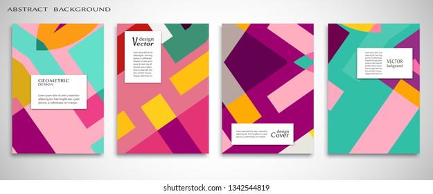 Set of A4 cover, abstract composition. Colorful header design for flyer, book, info banner frame, title sheet. Colored geometric shapes. Modern design. Brochure template layout. Vector illustration