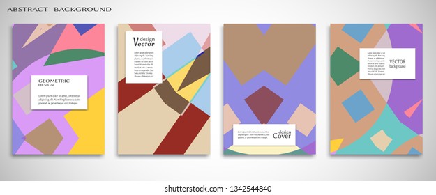 Set of A4 cover, abstract composition. Colorful header design for flyer, book, info banner frame, title sheet. Colored geometric shapes. Modern design. Brochure template layout. Vector illustration