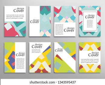 Set of A4 cover, abstract composition. Colorful header design for flyer, book, info banner frame, title sheet. Colored geometric shapes. Modern design. Brochure template layout. Vector illustration