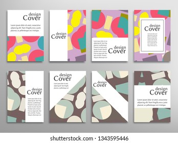 Set of A4 cover, abstract composition. Colorful header design for flyer, book, info banner frame, title sheet. Colored geometric shapes. Modern design. Brochure template layout. Vector illustration