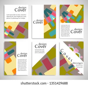Set of A4 cover, abstract composition. Colorful header design for flyer, book, info banner frame, title sheet. Colored geometric shapes. Modern design. Brochure template layout. Vector illustration