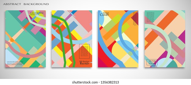 Set of A4 cover, abstract composition. Colorful header design for flyer, book, info banner frame, title sheet. Colored geometric shapes. Modern design. Brochure template layout. Vector illustration