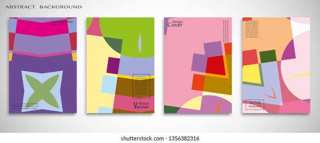 Set of A4 cover, abstract composition. Colorful header design for flyer, book, info banner frame, title sheet. Colored geometric shapes. Modern design. Brochure template layout. Vector illustration