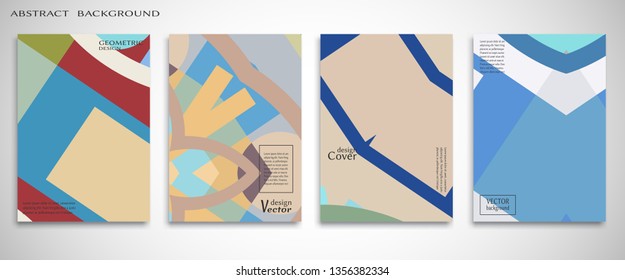Set of A4 cover, abstract composition. Colorful header design for flyer, book, info banner frame, title sheet. Colored geometric shapes. Modern design. Brochure template layout. Vector illustration