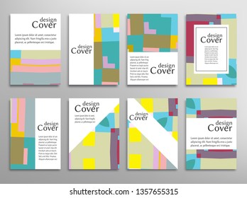 Set of A4 cover, abstract composition. Colorful header design for flyer, book, info banner frame, title sheet. Colored geometric shapes. Modern design. Brochure template layout. Vector illustration