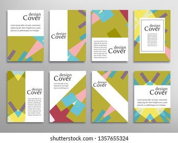 Set of A4 cover, abstract composition. Colorful header design for flyer, book, info banner frame, title sheet. Colored geometric shapes. Modern design. Brochure template layout. Vector illustration