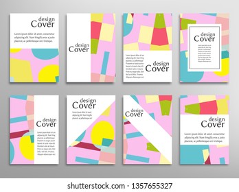 Set of A4 cover, abstract composition. Colorful header design for flyer, book, info banner frame, title sheet. Colored geometric shapes. Modern design. Brochure template layout. Vector illustration