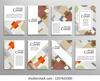 Set of A4 cover, abstract composition. Colorful header design for flyer, book, info banner frame, title sheet. Colored geometric shapes. Modern design. Brochure template layout. Vector illustration