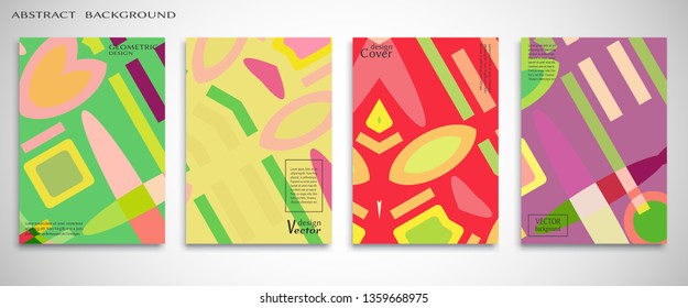 Set of A4 cover, abstract composition. Colorful header design for flyer, book, info banner frame, title sheet. Colored geometric shapes. Modern design. Brochure template layout. Vector illustration