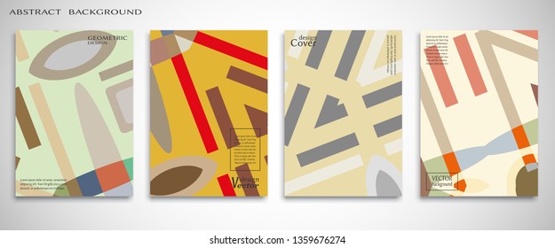 Set of A4 cover, abstract composition. Colorful header design for flyer, book, info banner frame, title sheet. Colored geometric shapes. Modern design. Brochure template layout. Vector illustration
