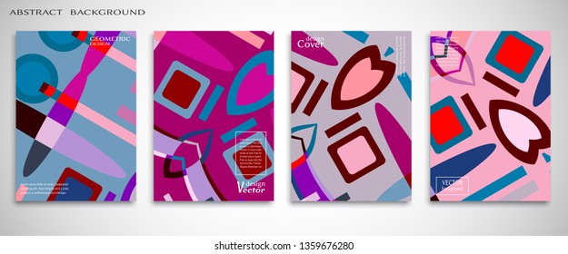 Set of A4 cover, abstract composition. Colorful header design for flyer, book, info banner frame, title sheet. Colored geometric shapes. Modern design. Brochure template layout. Vector illustration
