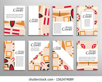 Set of A4 cover, abstract composition. Colorful header design for flyer, book, info banner frame, title sheet. Colored geometric shapes. Modern design. Brochure template layout. Vector illustration