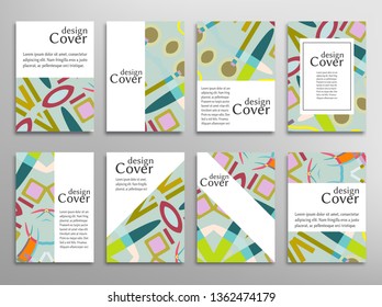 Set of A4 cover, abstract composition. Colorful header design for flyer, book, info banner frame, title sheet. Colored geometric shapes. Modern design. Brochure template layout. Vector illustration