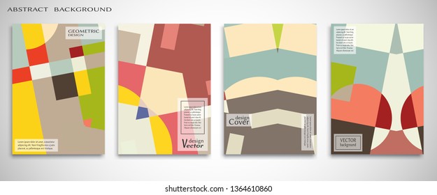 Set of A4 cover, abstract composition. Colorful header design for flyer, book, info banner frame, title sheet. Colored geometric shapes. Modern design. Brochure template layout. Vector illustration