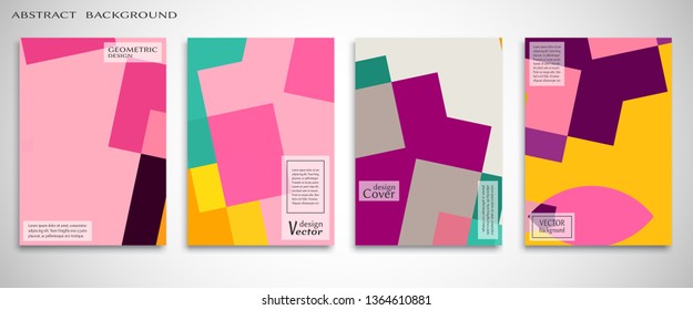 Set of A4 cover, abstract composition. Colorful header design for flyer, book, info banner frame, title sheet. Colored geometric shapes. Modern design. Brochure template layout. Vector illustration