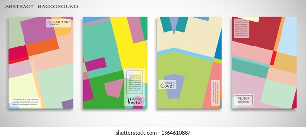 Set of A4 cover, abstract composition. Colorful header design for flyer, book, info banner frame, title sheet. Colored geometric shapes. Modern design. Brochure template layout. Vector illustration