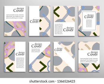 Set of A4 cover, abstract composition. Colorful header design for flyer, book, info banner frame, title sheet. Colored geometric shapes. Modern design. Brochure template layout. Vector illustration