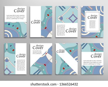 Set of A4 cover, abstract composition. Colorful header design for flyer, book, info banner frame, title sheet. Colored geometric shapes. Modern design. Brochure template layout. Vector illustration