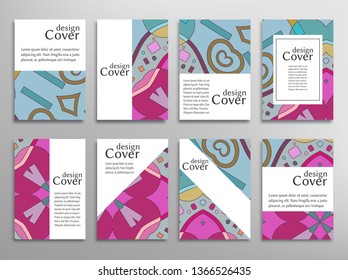 Set of A4 cover, abstract composition. Colorful header design for flyer, book, info banner frame, title sheet. Colored geometric shapes. Modern design. Brochure template layout. Vector illustration
