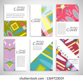 Set of A4 cover, abstract composition. Colorful header design for flyer, book, info banner frame, title sheet. Colored geometric shapes. Modern design. Brochure template layout. Vector illustration