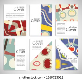 Set of A4 cover, abstract composition. Colorful header design for flyer, book, info banner frame, title sheet. Colored geometric shapes. Modern design. Brochure template layout. Vector illustration