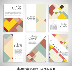 Set of A4 cover, abstract composition. Colorful header design for flyer, book, info banner frame, title sheet. Colored geometric shapes. Modern design. Brochure template layout. Vector illustration