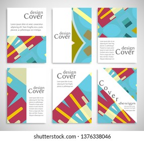 Set of A4 cover, abstract composition. Colorful header design for flyer, book, info banner frame, title sheet. Colored geometric shapes. Modern design. Brochure template layout. Vector illustration